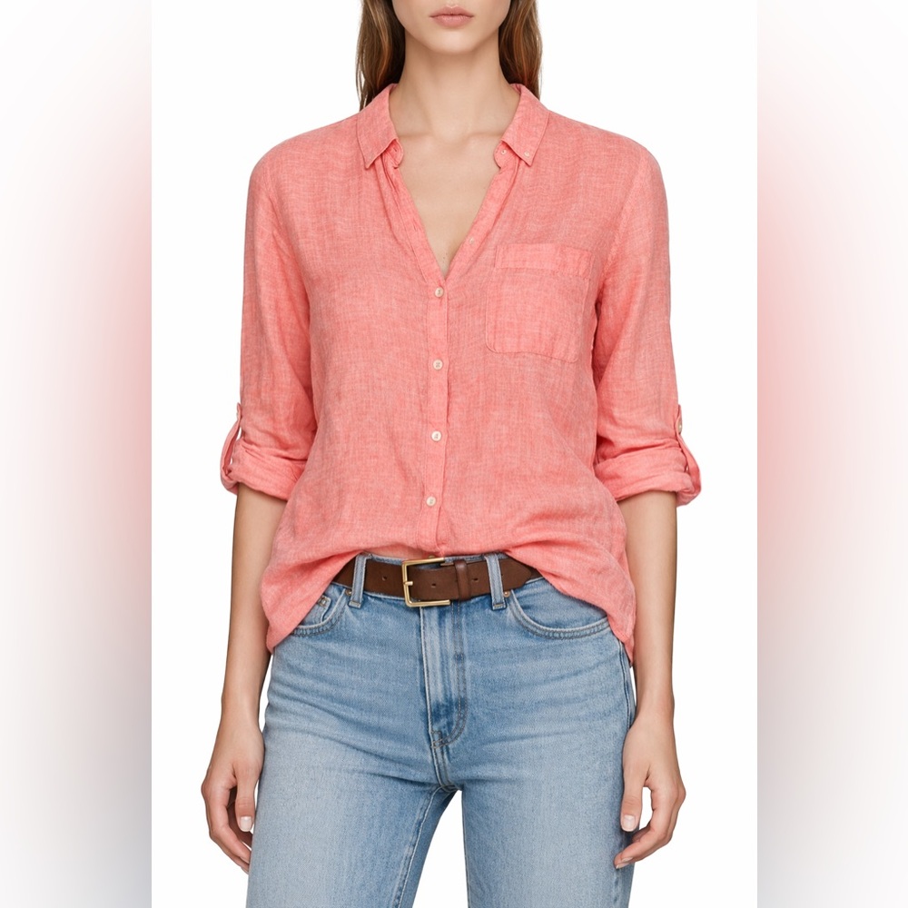 SIGRID OLSEN Women's Sz L 100% Linen Button Front Shirt Roll Tab Sleeve Coral